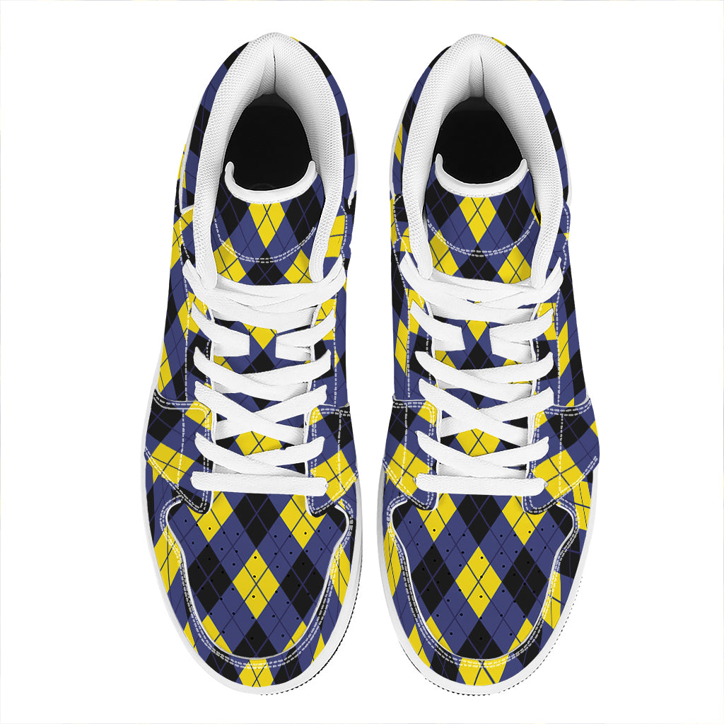Blue Black And Yellow Argyle Print High Top Leather Sneakers