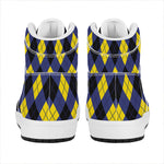 Blue Black And Yellow Argyle Print High Top Leather Sneakers