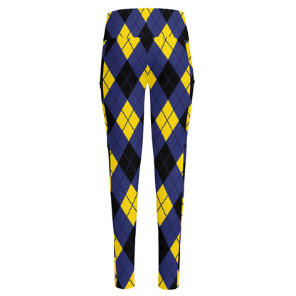 Blue Black And Yellow Argyle Print High-Waisted Pocket Leggings