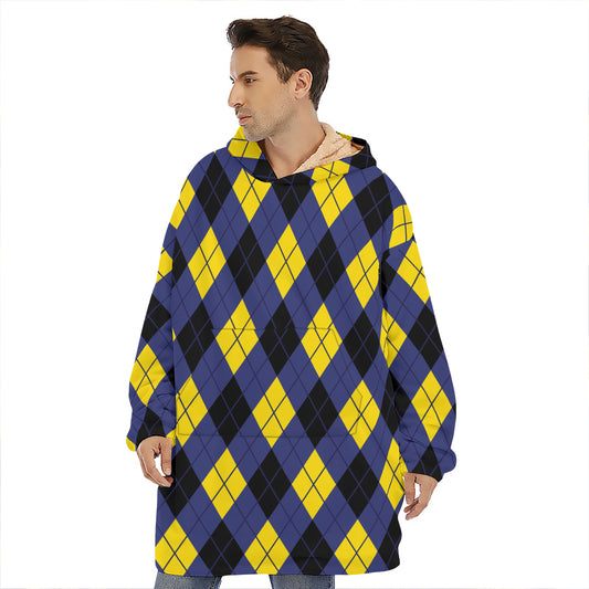 Blue Black And Yellow Argyle Print Hoodie Blanket