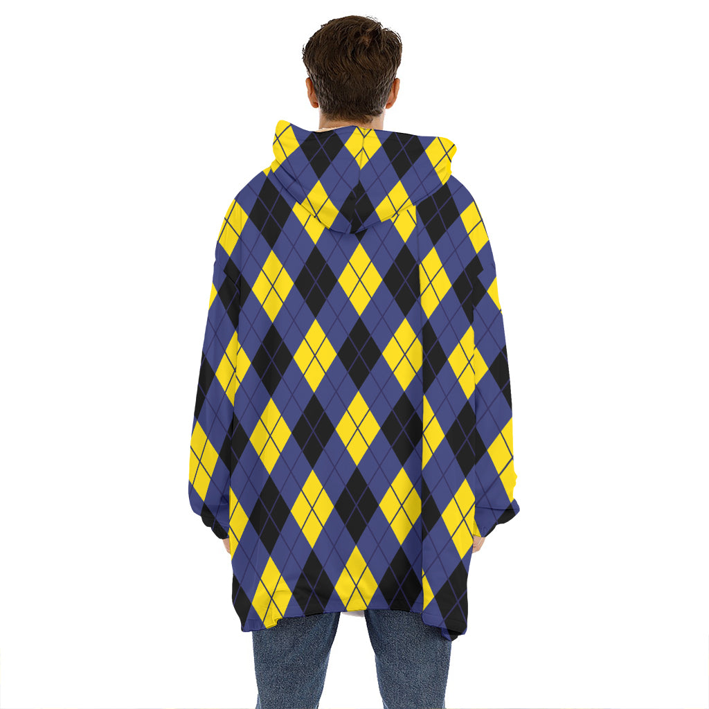 Blue Black And Yellow Argyle Print Hoodie Blanket