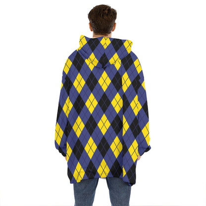 Blue Black And Yellow Argyle Print Hoodie Blanket