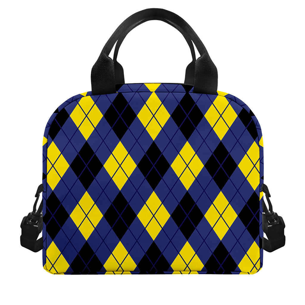 Blue Black And Yellow Argyle Print Insulated Lunch Bag