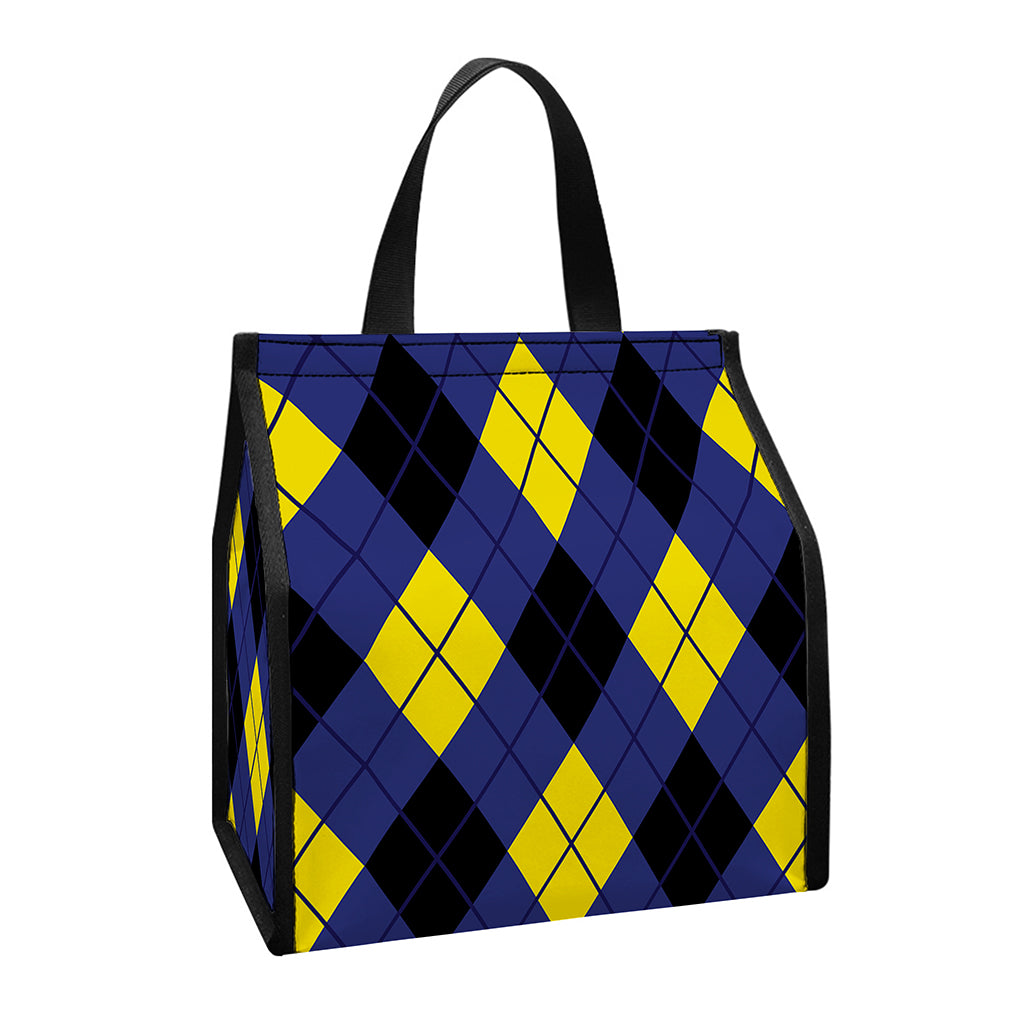 Blue Black And Yellow Argyle Print Insulated Lunch Tote
