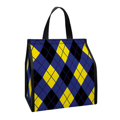 Blue Black And Yellow Argyle Print Insulated Lunch Tote