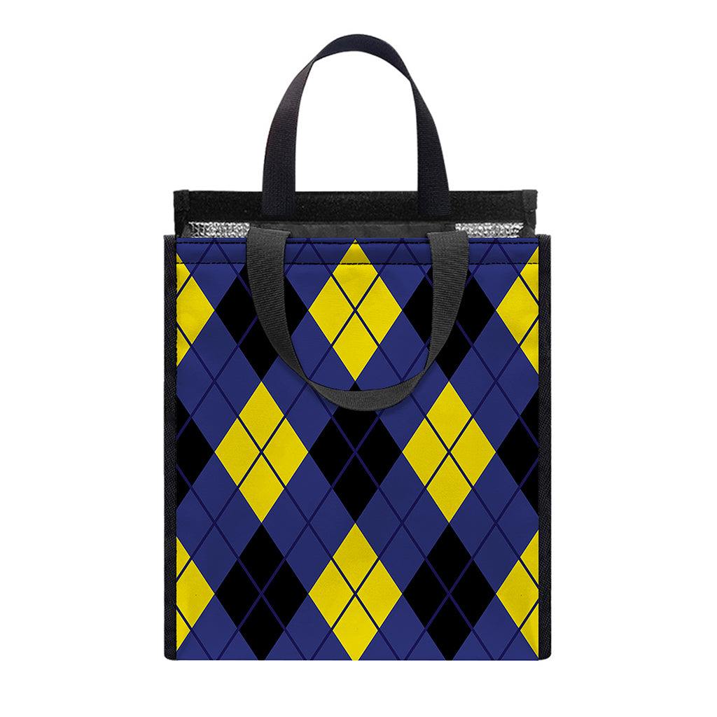 Blue Black And Yellow Argyle Print Insulated Lunch Tote