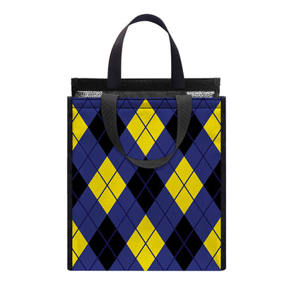 Blue Black And Yellow Argyle Print Insulated Lunch Tote
