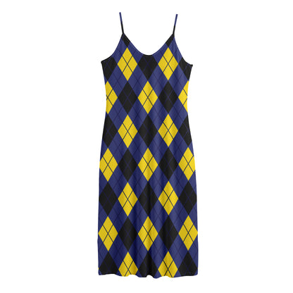Blue Black And Yellow Argyle Print Jersey Midi Cami Dress