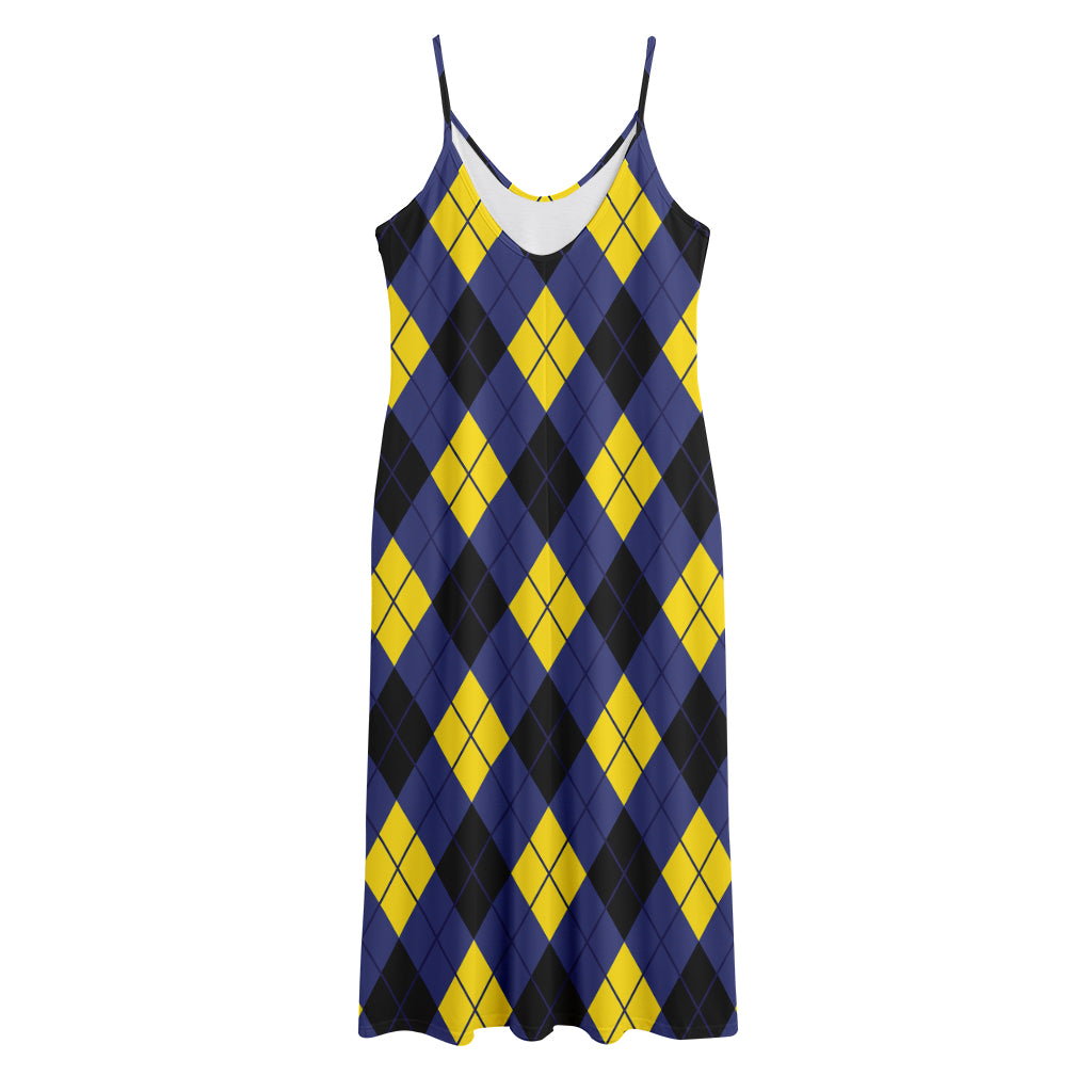 Blue Black And Yellow Argyle Print Jersey Midi Cami Dress