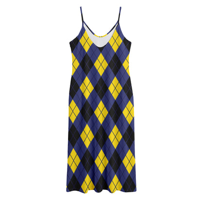 Blue Black And Yellow Argyle Print Jersey Midi Cami Dress