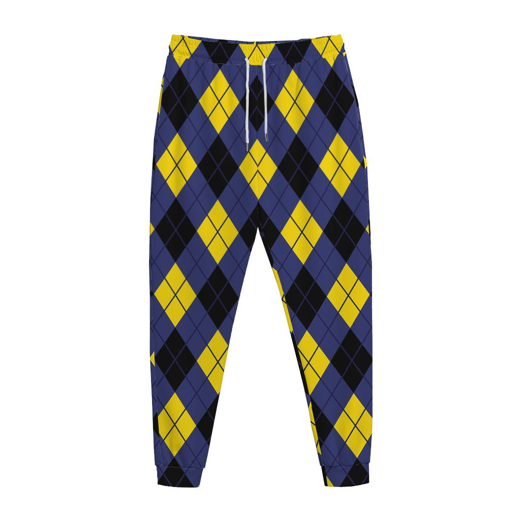 Blue Black And Yellow Argyle Print Jogger Pants