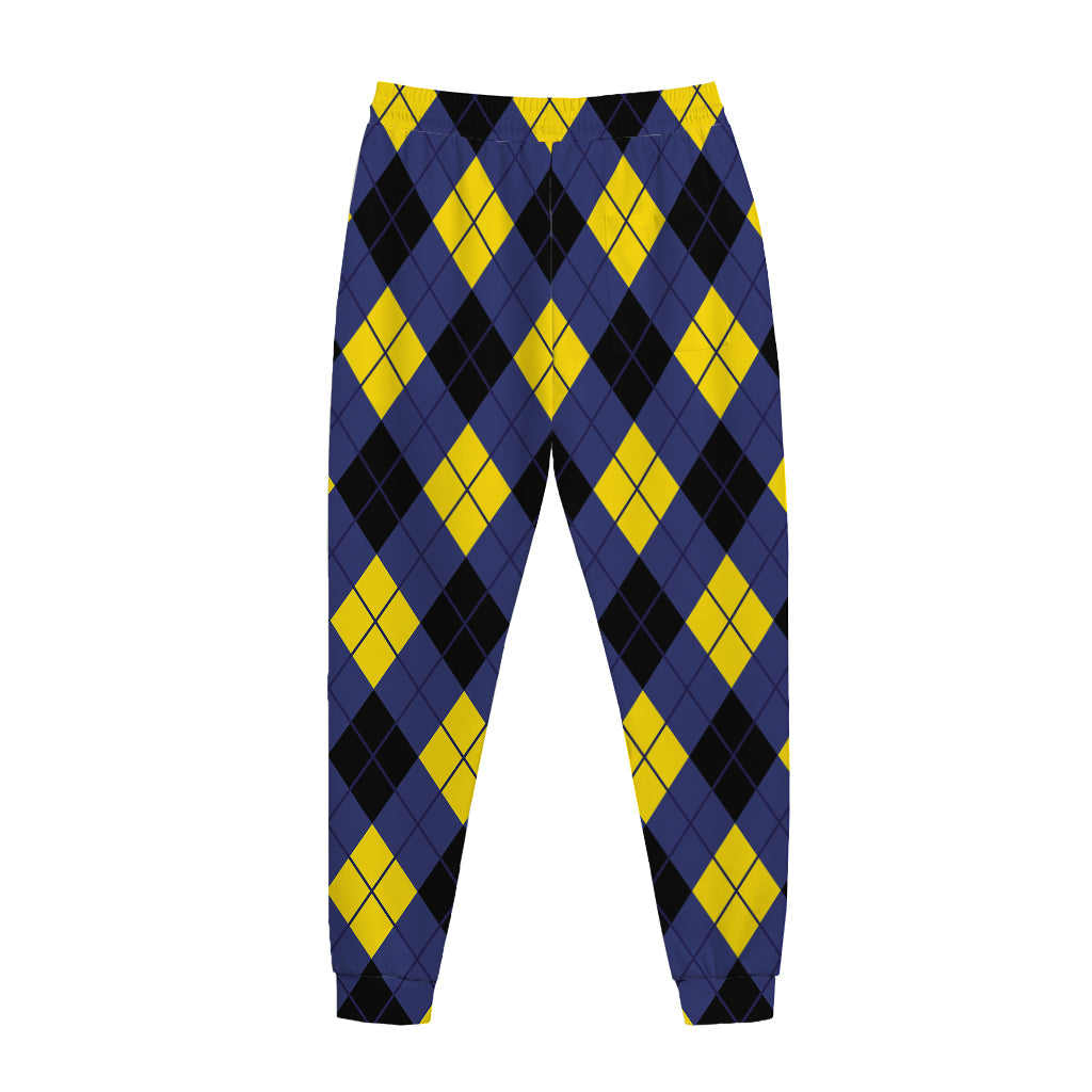 Blue Black And Yellow Argyle Print Jogger Pants