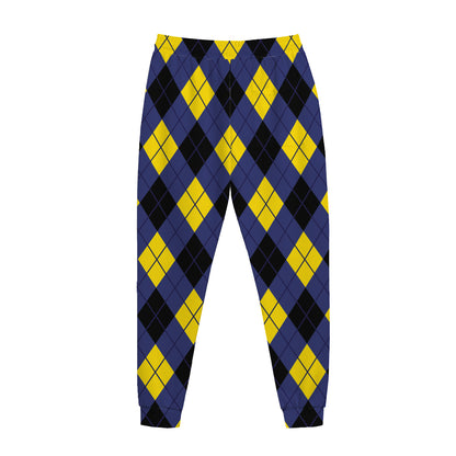 Blue Black And Yellow Argyle Print Jogger Pants
