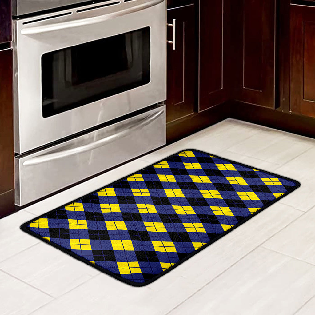 Blue Black And Yellow Argyle Print Kitchen Mat