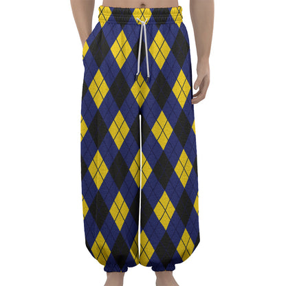 Blue Black And Yellow Argyle Print Lantern Pants