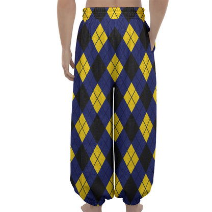 Blue Black And Yellow Argyle Print Lantern Pants