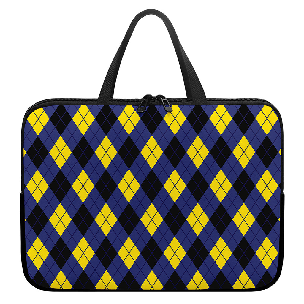 Blue Black And Yellow Argyle Print Laptop Sleeve With Handle