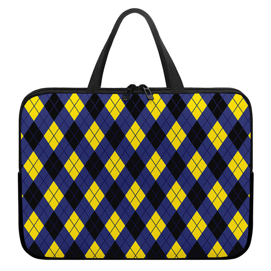 Blue Black And Yellow Argyle Print Laptop Sleeve With Handle