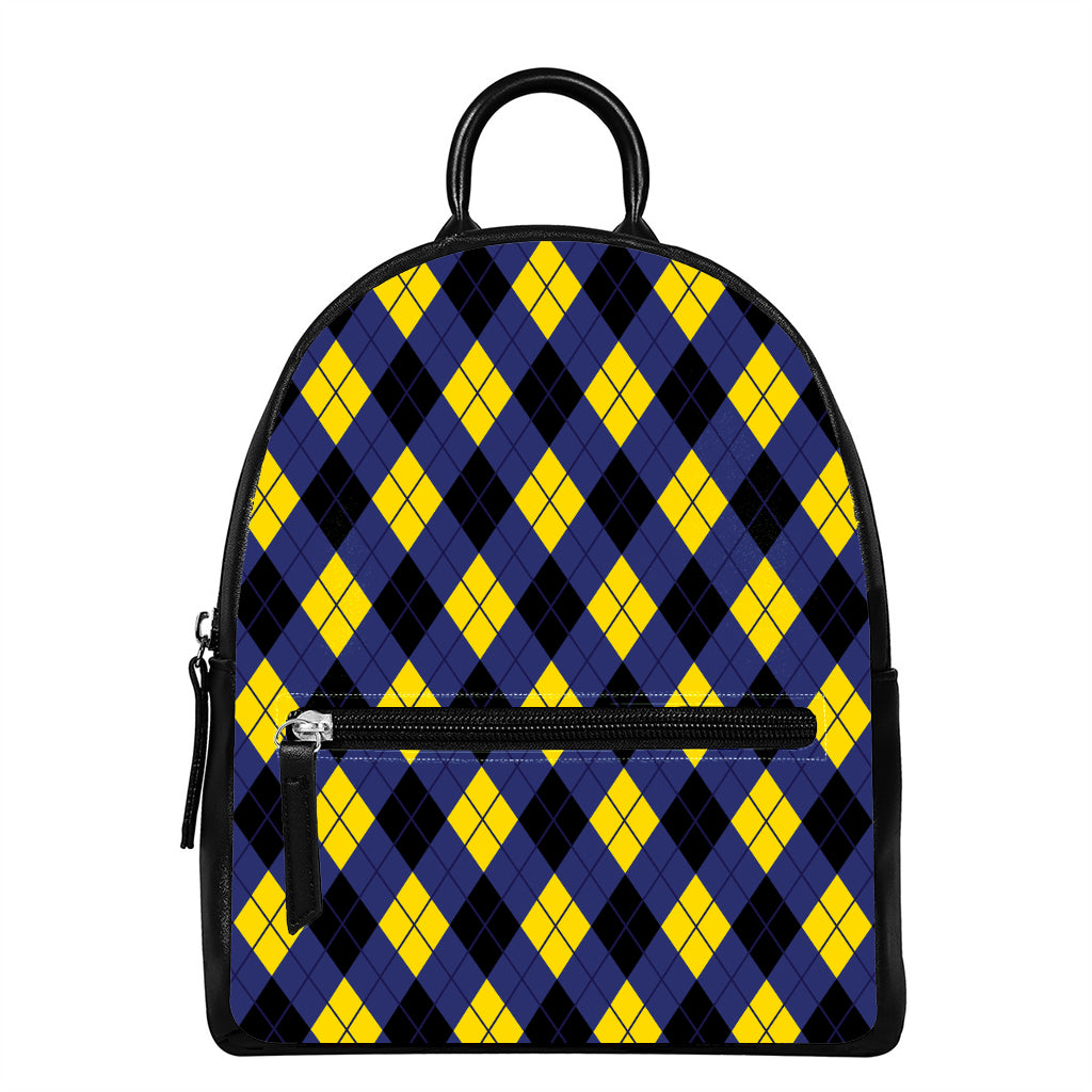 Blue Black And Yellow Argyle Print Leather Backpack
