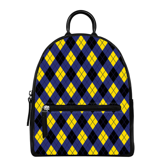 Blue Black And Yellow Argyle Print Leather Backpack