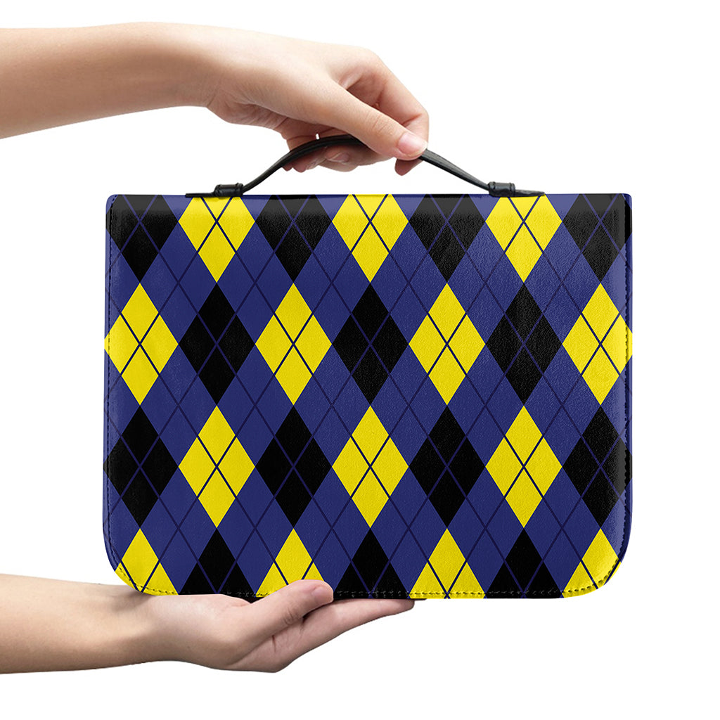 Blue Black And Yellow Argyle Print Leather Bible Cover