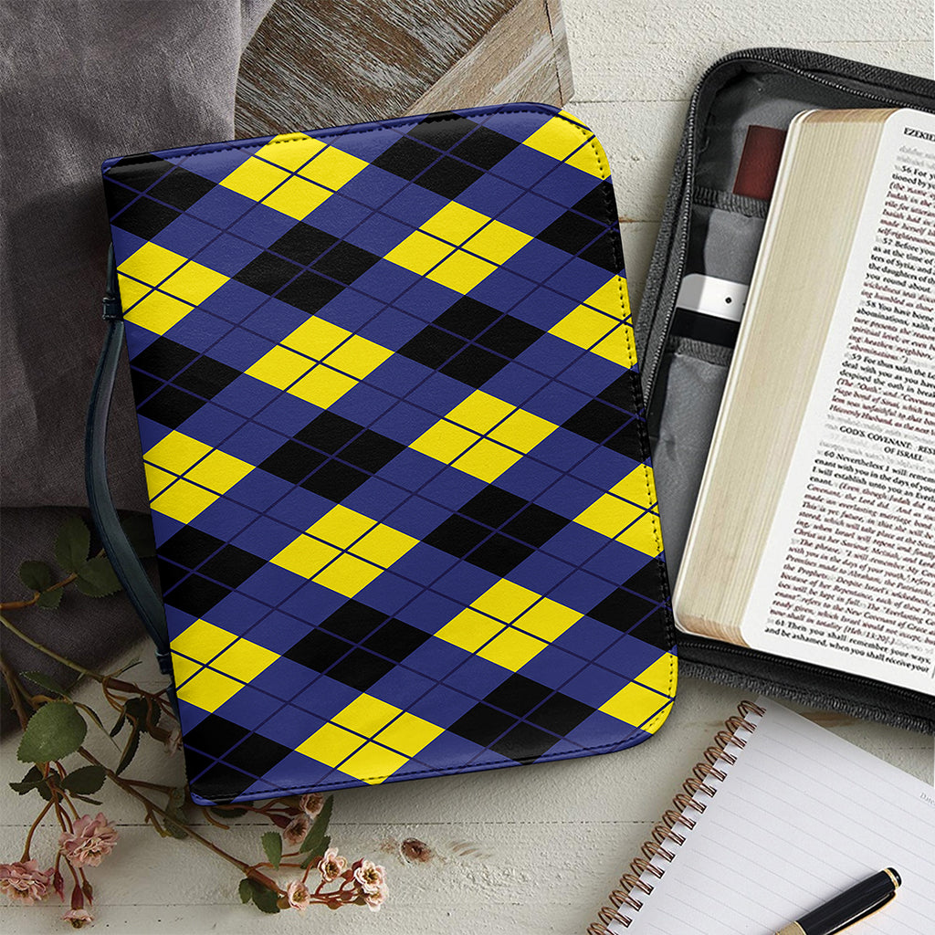 Blue Black And Yellow Argyle Print Leather Bible Cover
