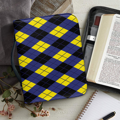 Blue Black And Yellow Argyle Print Leather Bible Cover