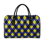 Blue Black And Yellow Argyle Print Leather Duffle Bag