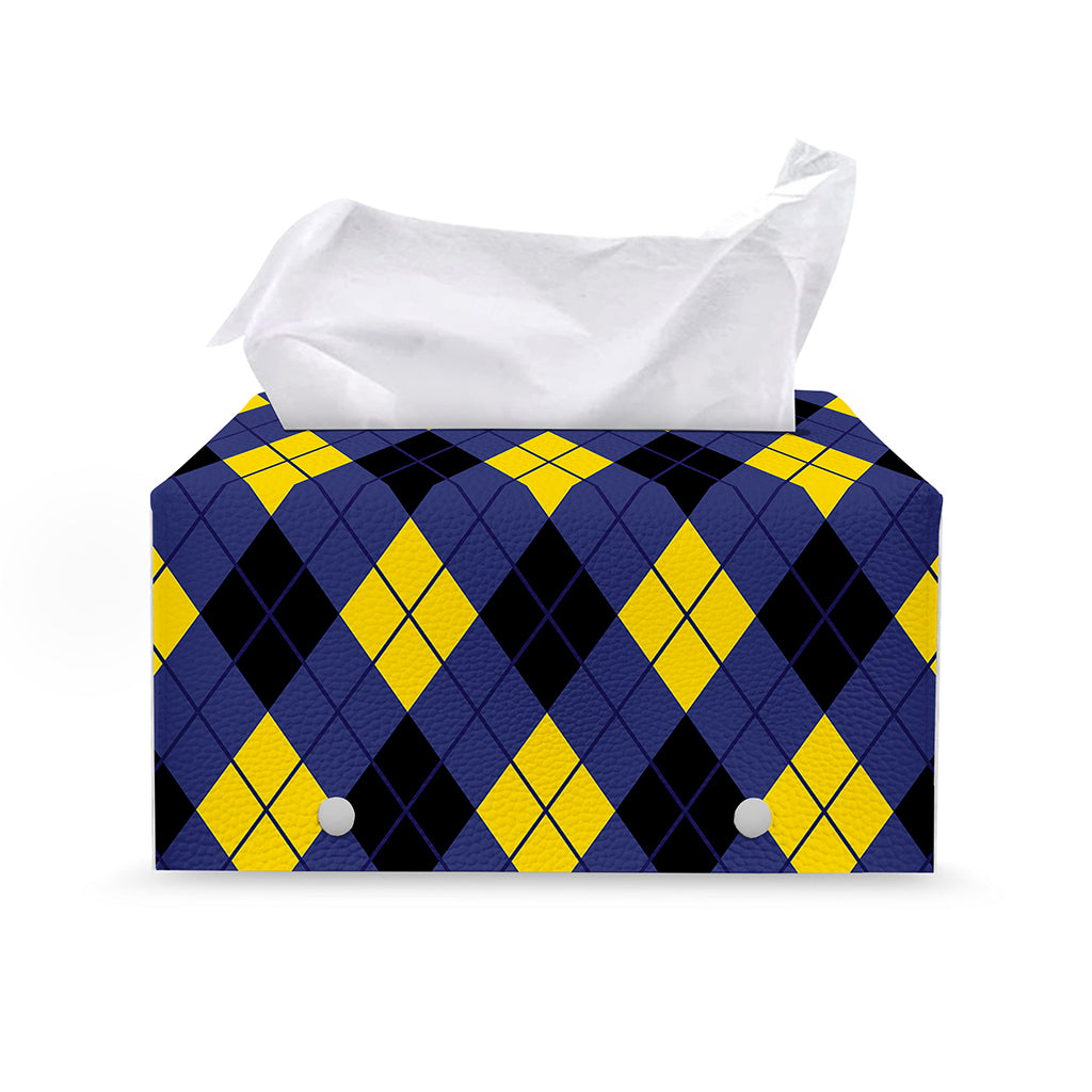 Blue Black And Yellow Argyle Print Leather Tissue Box Cover