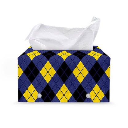Blue Black And Yellow Argyle Print Leather Tissue Box Cover