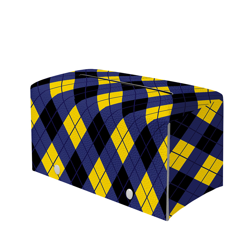 Blue Black And Yellow Argyle Print Leather Tissue Box Cover