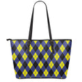 Blue Black And Yellow Argyle Print Leather Tote Bag With Zipper