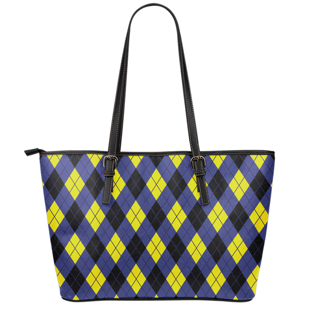Blue Black And Yellow Argyle Print Leather Tote Bag