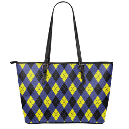 Blue Black And Yellow Argyle Print Leather Tote Bag