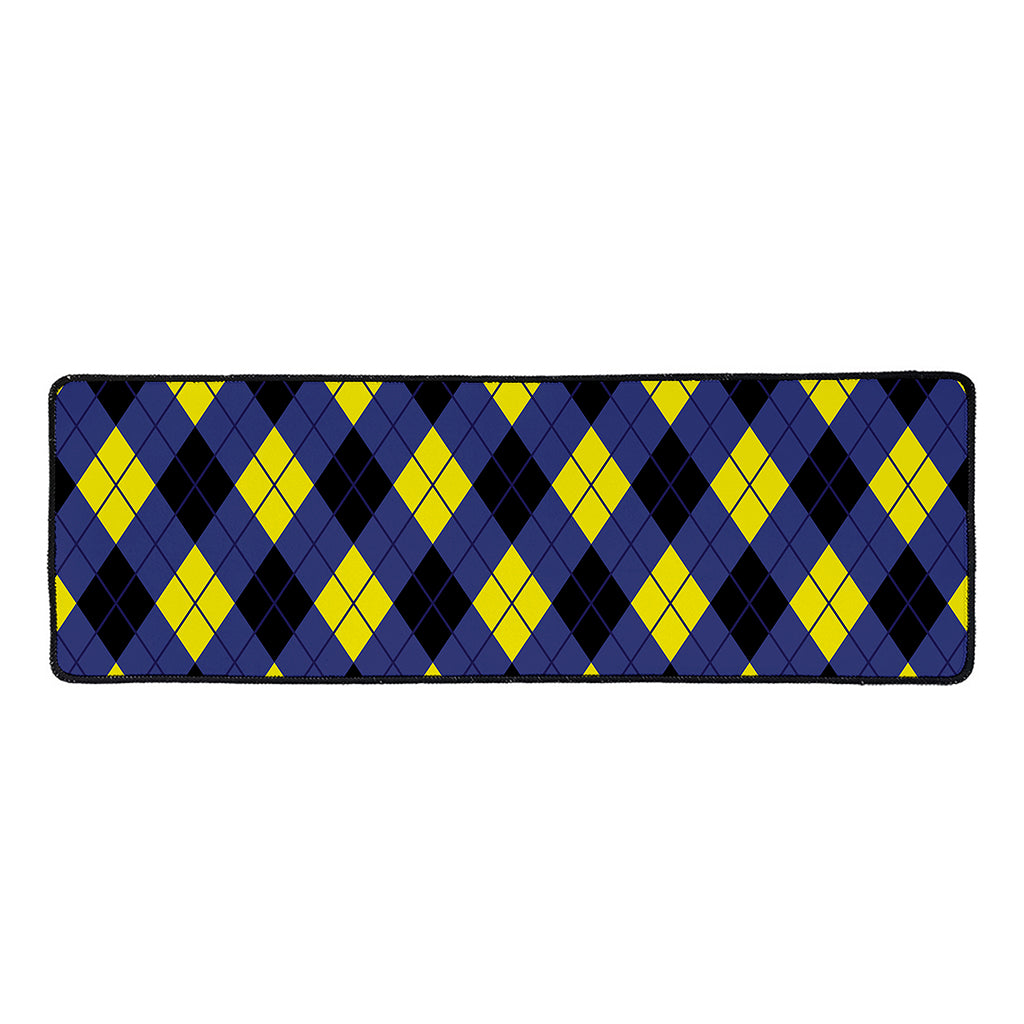 Blue Black And Yellow Argyle Print Long Kitchen Mat