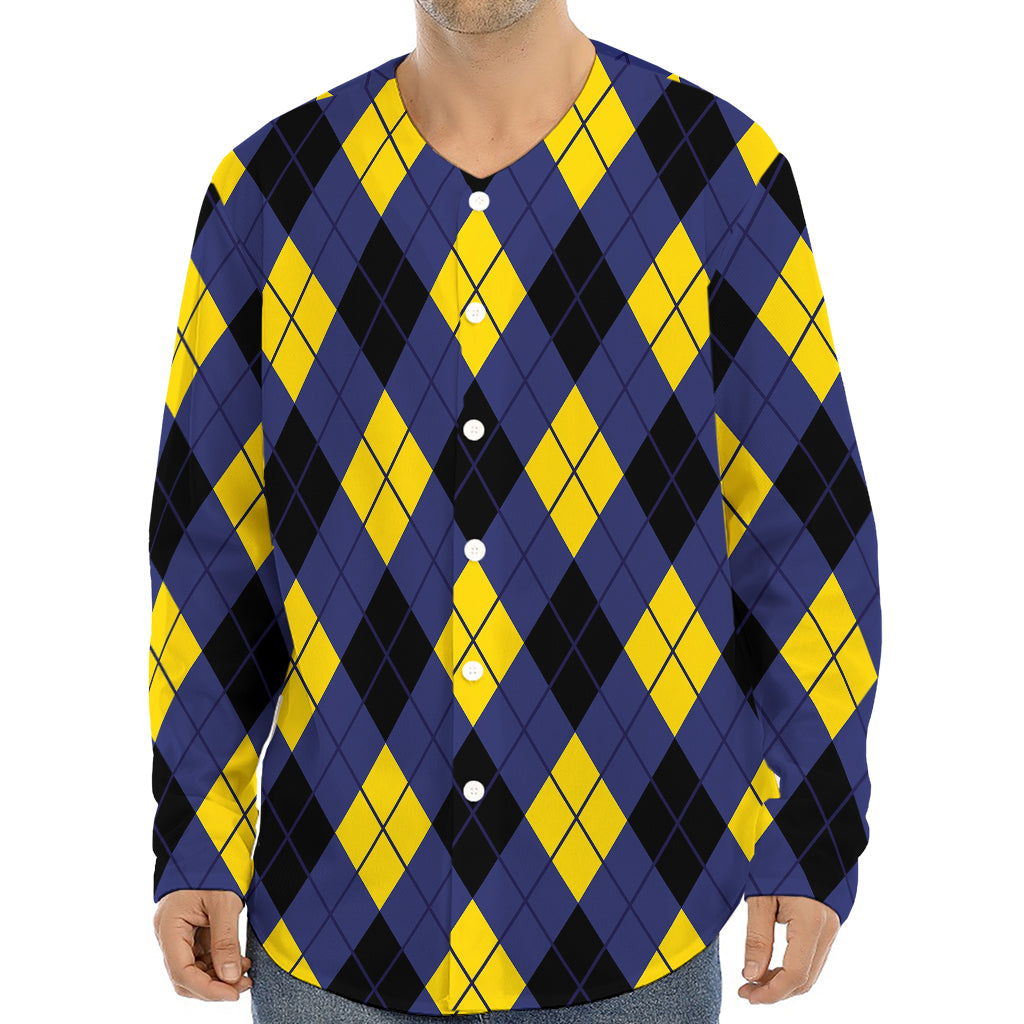 Blue Black And Yellow Argyle Print Long Sleeve Baseball Jersey