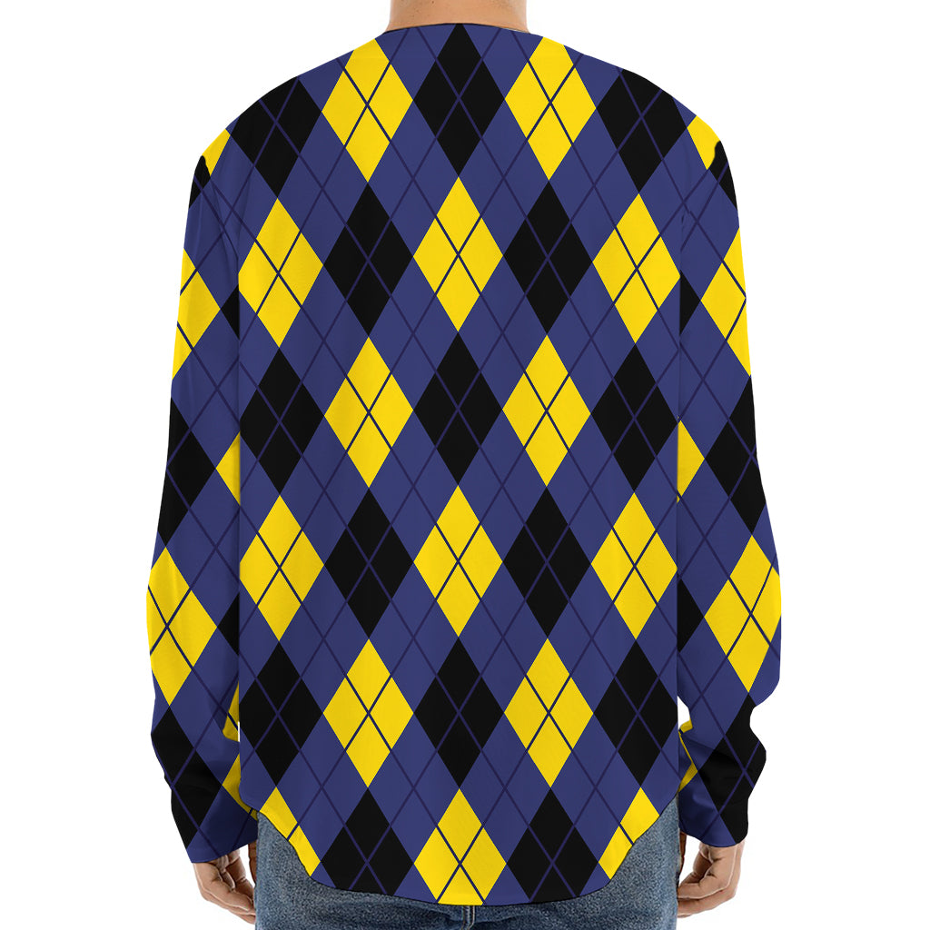 Blue Black And Yellow Argyle Print Long Sleeve Baseball Jersey