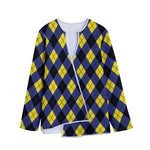 Blue Black And Yellow Argyle Print Long Sleeve Short Coat