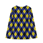Blue Black And Yellow Argyle Print Long Sleeve Short Coat