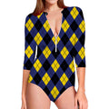 Blue Black And Yellow Argyle Print Long Sleeve Swimsuit