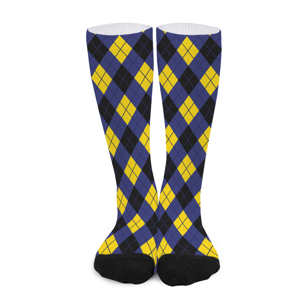 Blue Black And Yellow Argyle Print Long Socks