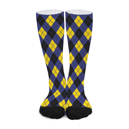 Blue Black And Yellow Argyle Print Long Socks