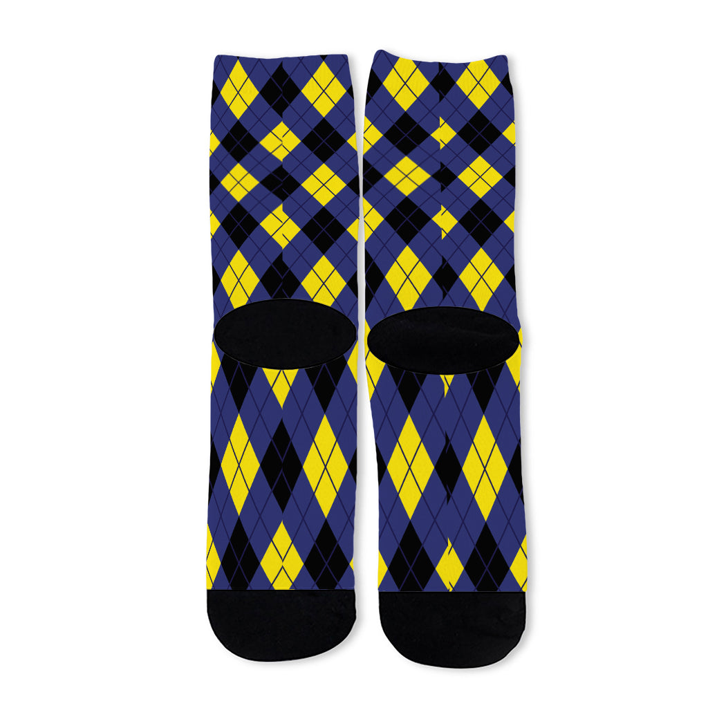 Blue Black And Yellow Argyle Print Long Socks
