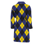 Blue Black And Yellow Argyle Print Men's Bathrobe