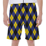 Blue Black And Yellow Argyle Print Men's Beach Shorts