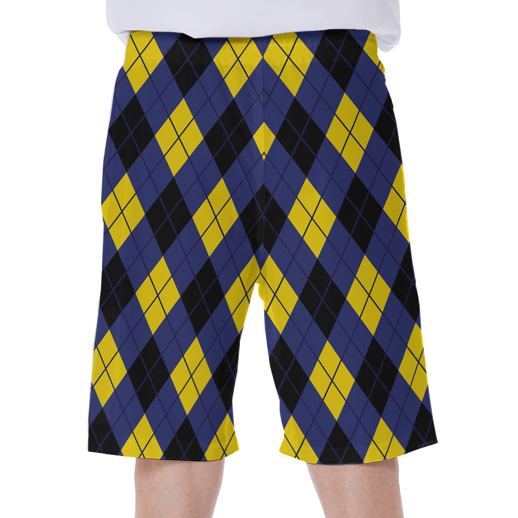 Blue Black And Yellow Argyle Print Men's Beach Shorts
