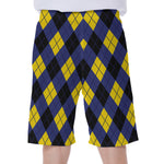 Blue Black And Yellow Argyle Print Men's Beach Shorts