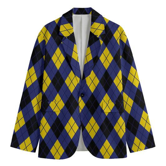 Blue Black And Yellow Argyle Print Men's Blazer