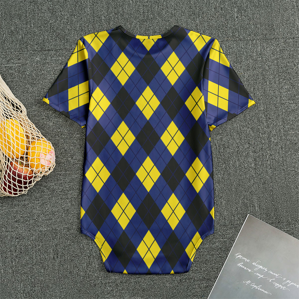 Blue Black And Yellow Argyle Print Men's Bodysuit