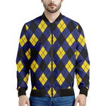 Blue Black And Yellow Argyle Print Men's Bomber Jacket